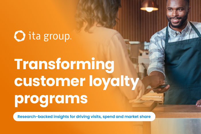 Man and woman at a counter with orange text overlay that says Transforming customer loyalty programs. Research-backed insights for driving visits, spend and market share.